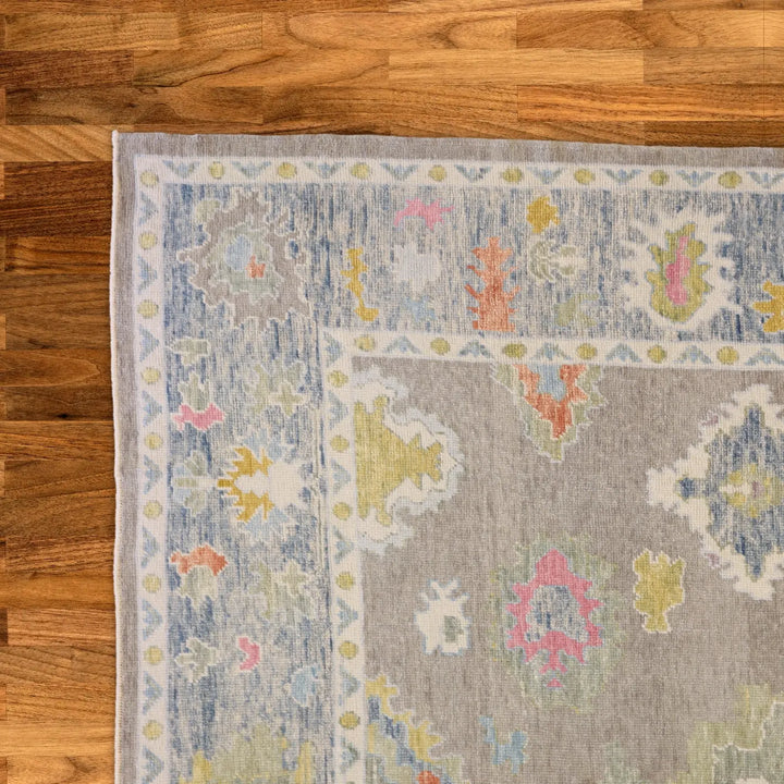 9'1" x 13'2" GRAY AND BLUE OUSHAK GEOMETRIC TURKISH RUG
