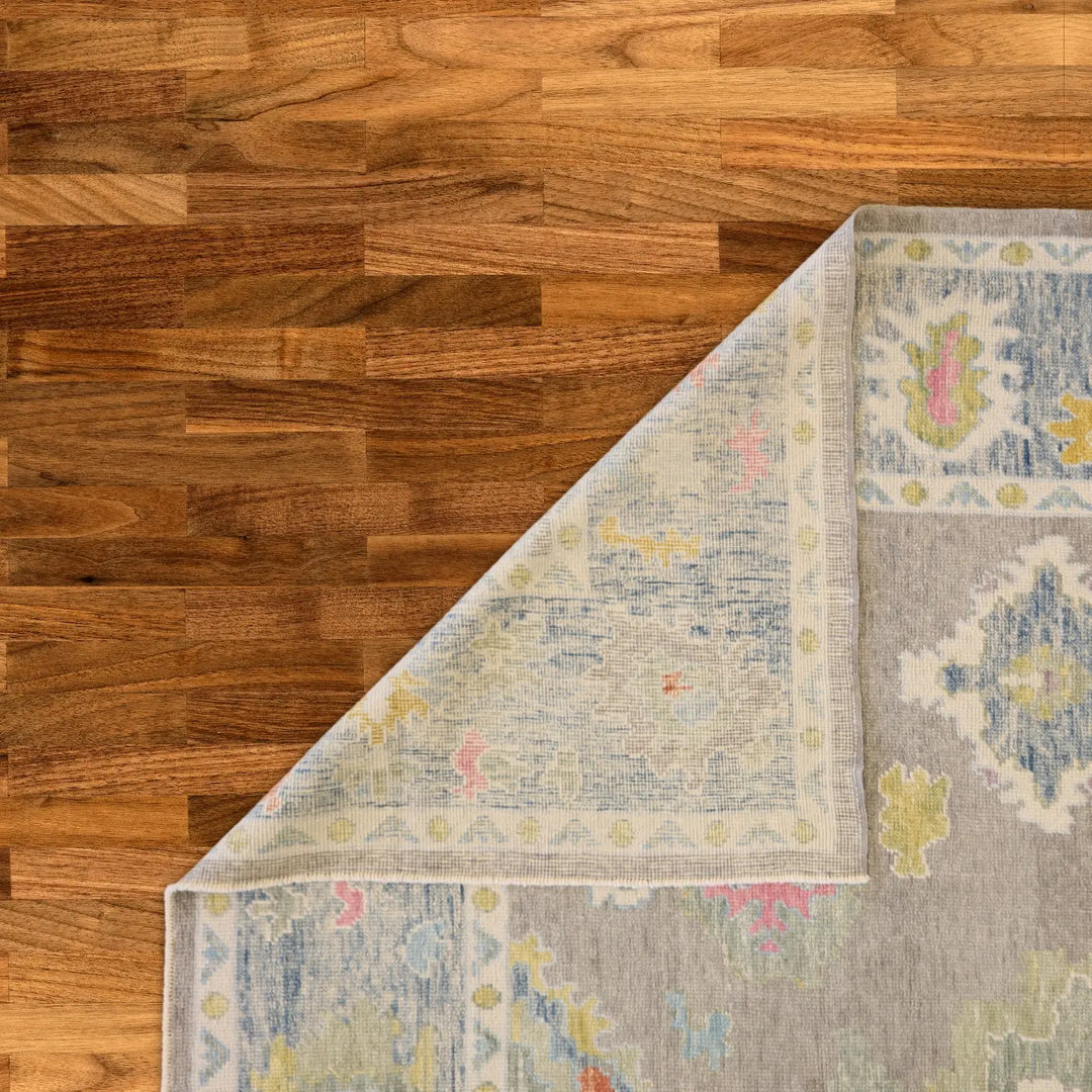 9'1" x 13'2" GRAY AND BLUE OUSHAK GEOMETRIC TURKISH RUG