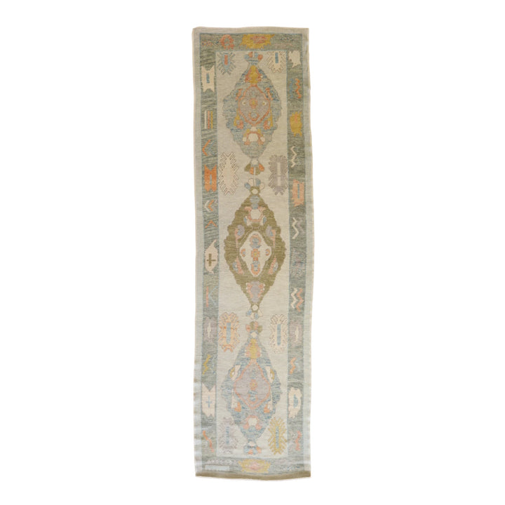 3' 5" x 13' 2" BEIGE AND GRAY OUSHAK GEOMETRIC TURKISH RUG