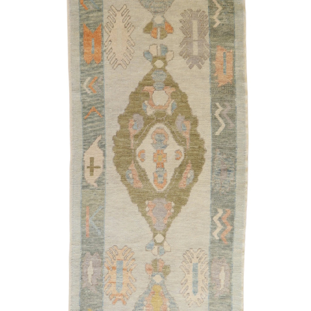 3' 5" x 13' 2" BEIGE AND GRAY OUSHAK GEOMETRIC TURKISH RUG