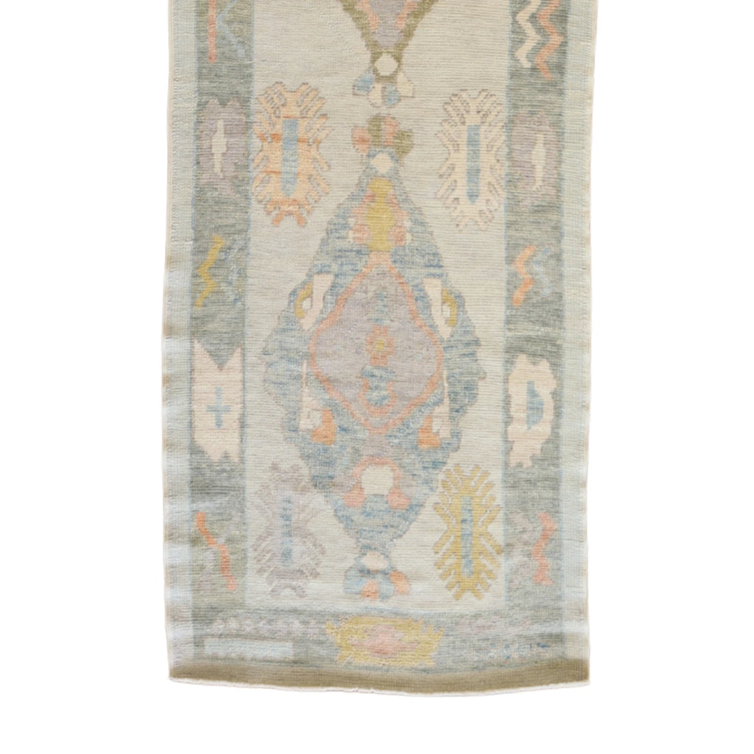 3' 5" x 13' 2" BEIGE AND GRAY OUSHAK GEOMETRIC TURKISH RUG
