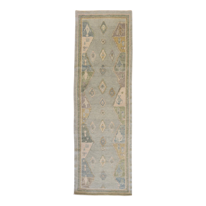 3'0" x 9'8" BLUE AND BEIGE OUSHAK GEOMETRIC TURKISH RUG