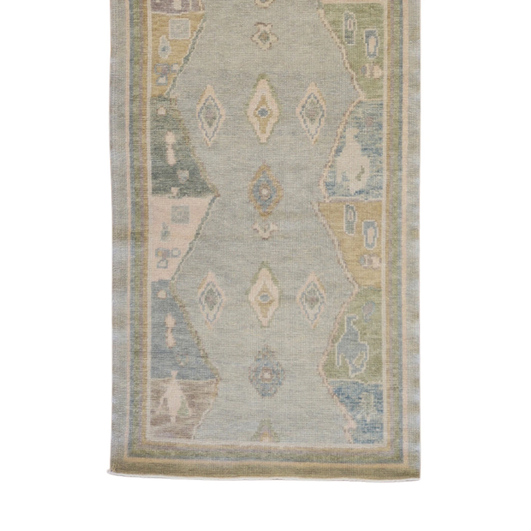 3'0" x 9'8" BLUE AND BEIGE OUSHAK GEOMETRIC TURKISH RUG
