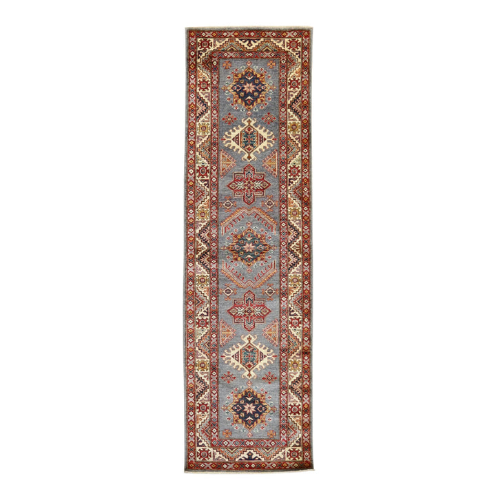 2' 9" x 9' 7" GRAY AND IVORY KAZAK GEOMETRIC PAKISTANI RUG