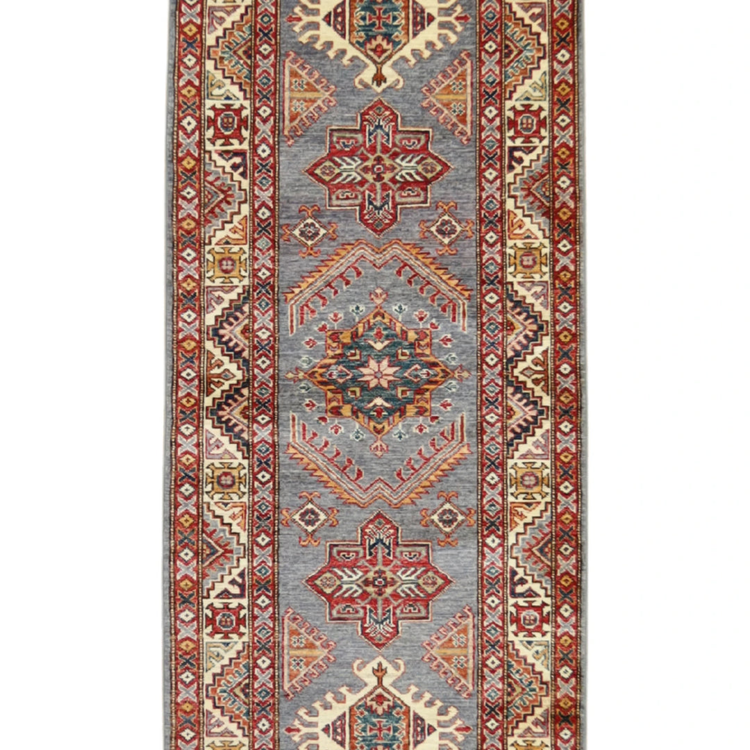 2' 9" x 9' 7" GRAY AND IVORY KAZAK GEOMETRIC PAKISTANI RUG