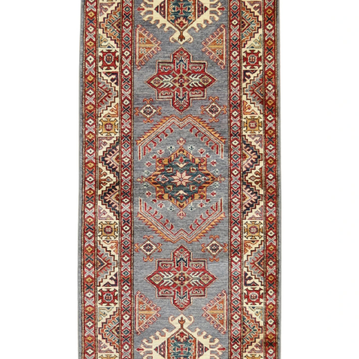 2' 9" x 9' 7" GRAY AND IVORY KAZAK GEOMETRIC PAKISTANI RUG