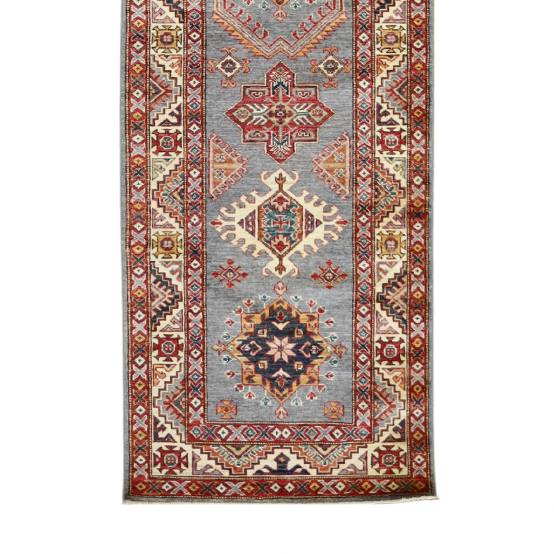 2' 9" x 9' 7" GRAY AND IVORY KAZAK GEOMETRIC PAKISTANI RUG