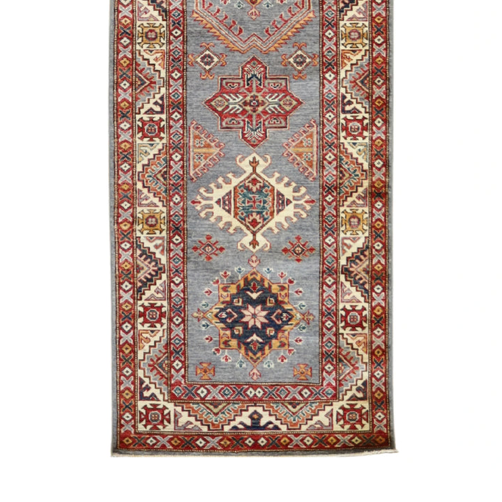2' 9" x 9' 7" GRAY AND IVORY KAZAK GEOMETRIC PAKISTANI RUG