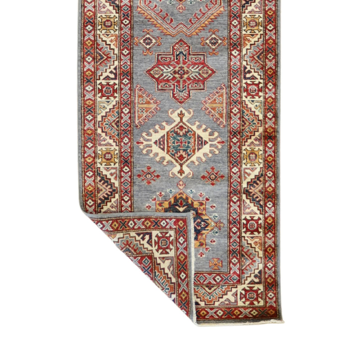2' 9" x 9' 7" GRAY AND IVORY KAZAK GEOMETRIC PAKISTANI RUG