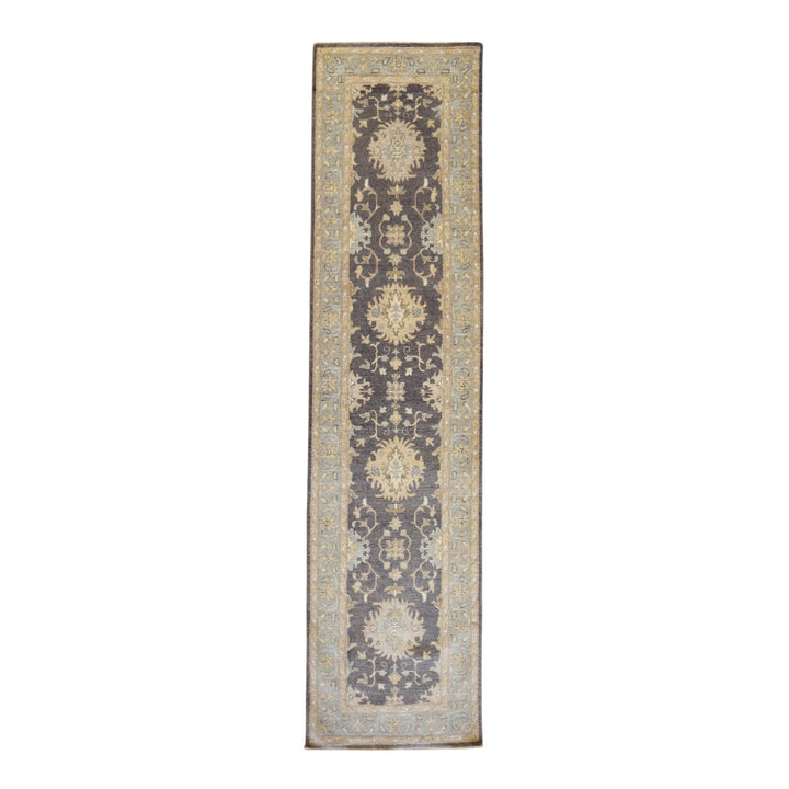 2'9" x 11'0" CHARCOAL AND BLUE PESHAWAR GEOMETRIC PAKISTANI RUG