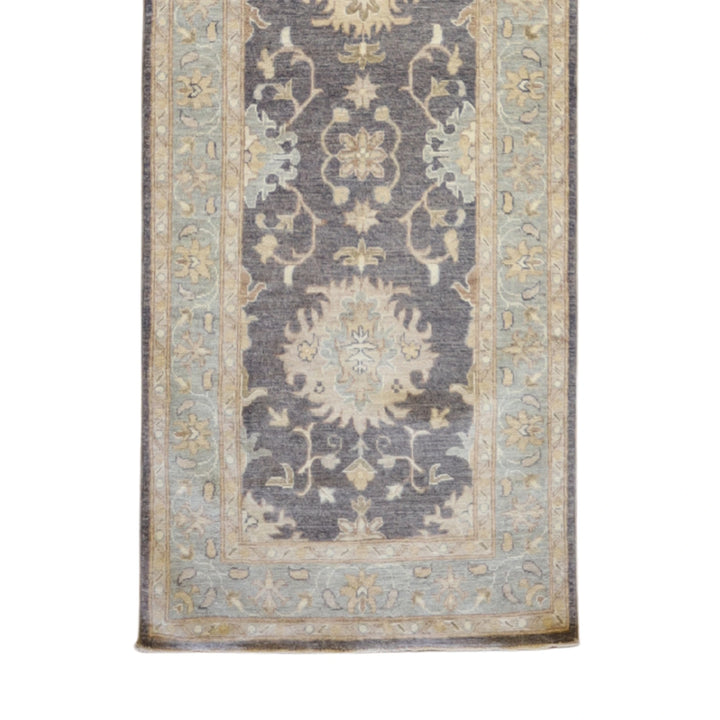 2'9" x 11'0" CHARCOAL AND BLUE PESHAWAR GEOMETRIC PAKISTANI RUG