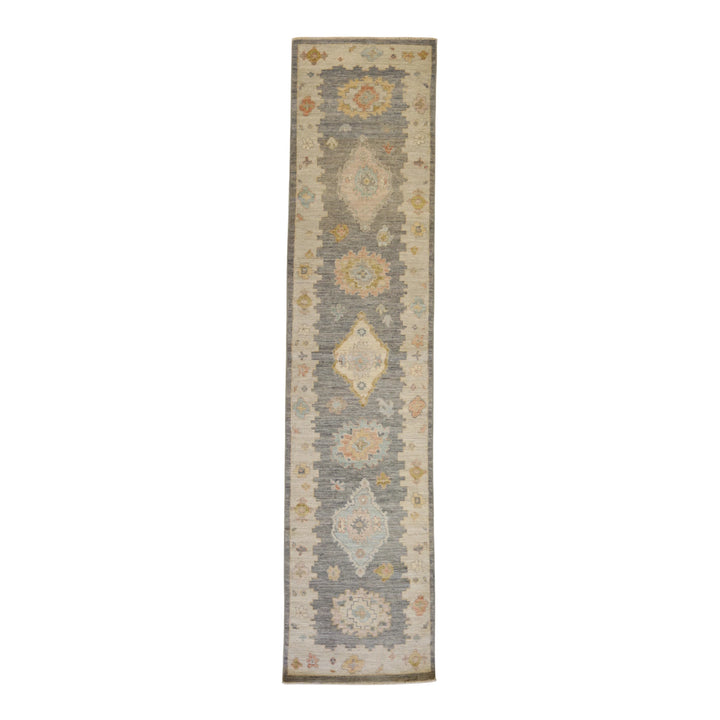 2'8" x 11'8" BLUE AND GRAY OUSHAK GEOMETRIC PAKISTANI RUG