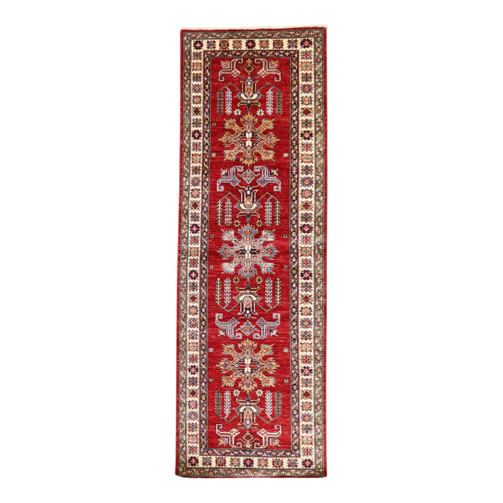 2' 10" x 8' 7" RED AND IVORY KAZAK GEOMETRIC PAKISTANI RUG
