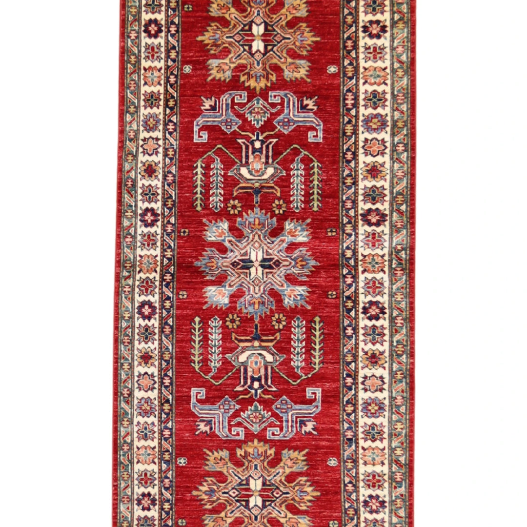 2' 10" x 8' 7" RED AND IVORY KAZAK GEOMETRIC PAKISTANI RUG