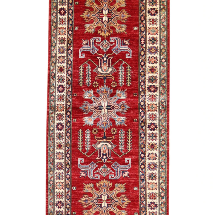 2' 10" x 8' 7" RED AND IVORY KAZAK GEOMETRIC PAKISTANI RUG