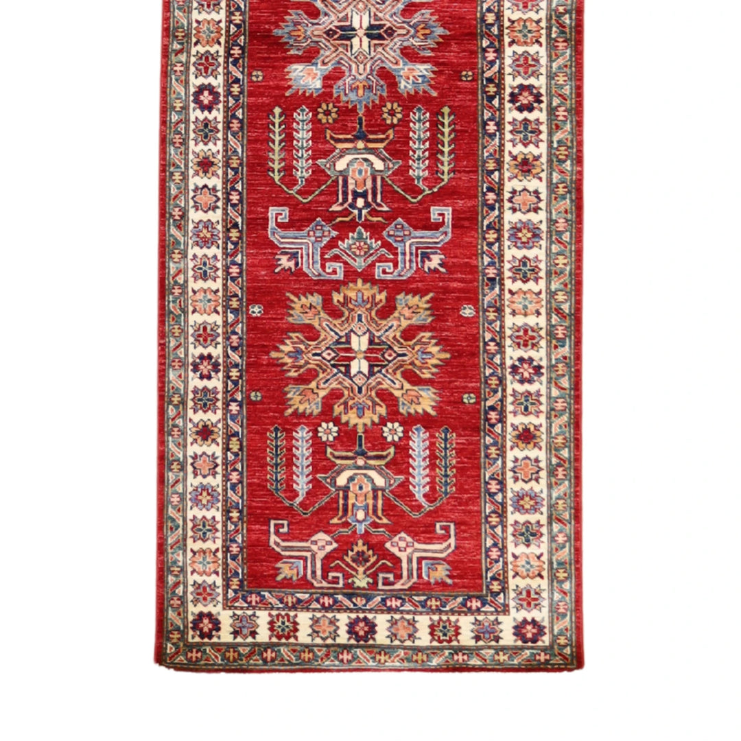2' 10" x 8' 7" RED AND IVORY KAZAK GEOMETRIC PAKISTANI RUG