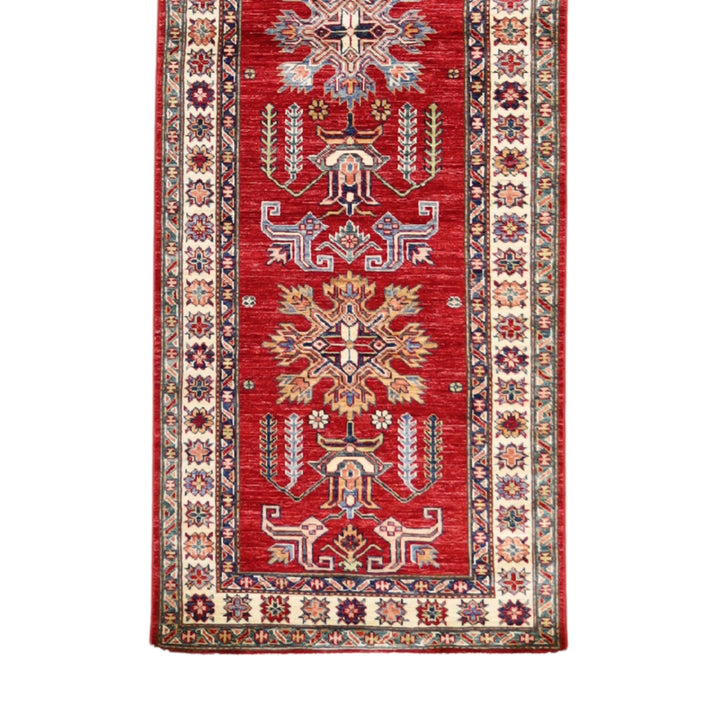 2' 10" x 8' 7" RED AND IVORY KAZAK GEOMETRIC PAKISTANI RUG