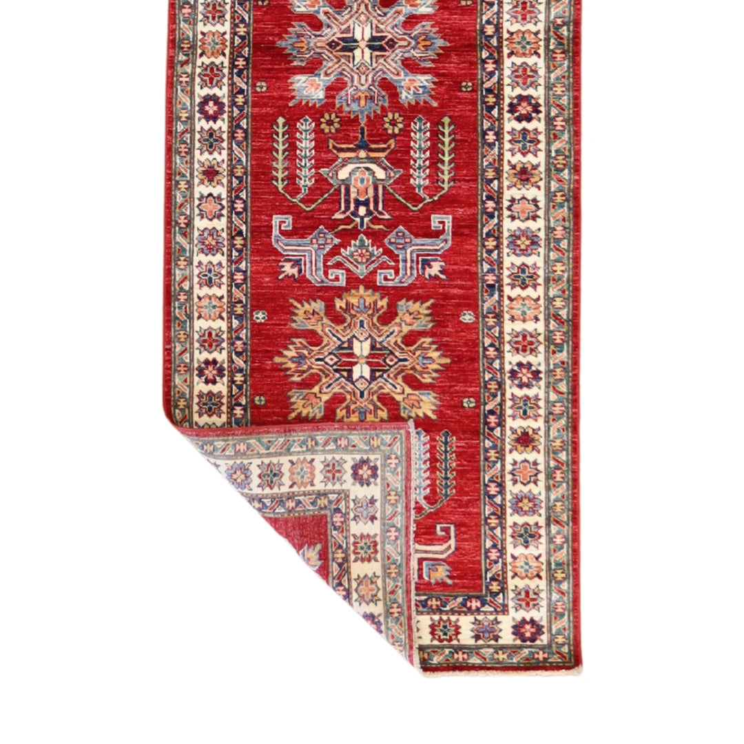 2' 10" x 8' 7" RED AND IVORY KAZAK GEOMETRIC PAKISTANI RUG