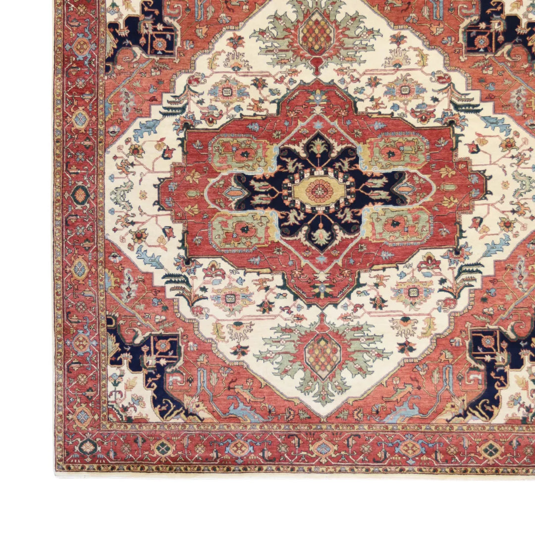 7' 9" x 7' 11" - IVORY AND RED SERAPI GEOMETRIC INDIAN RUG