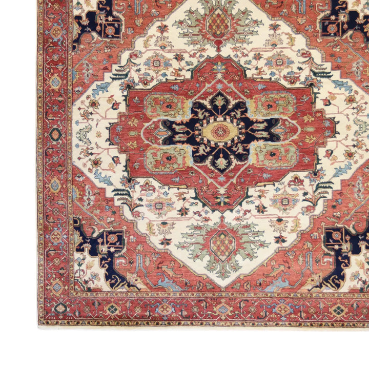 7' 9" x 7' 11" - IVORY AND RED SERAPI GEOMETRIC INDIAN RUG
