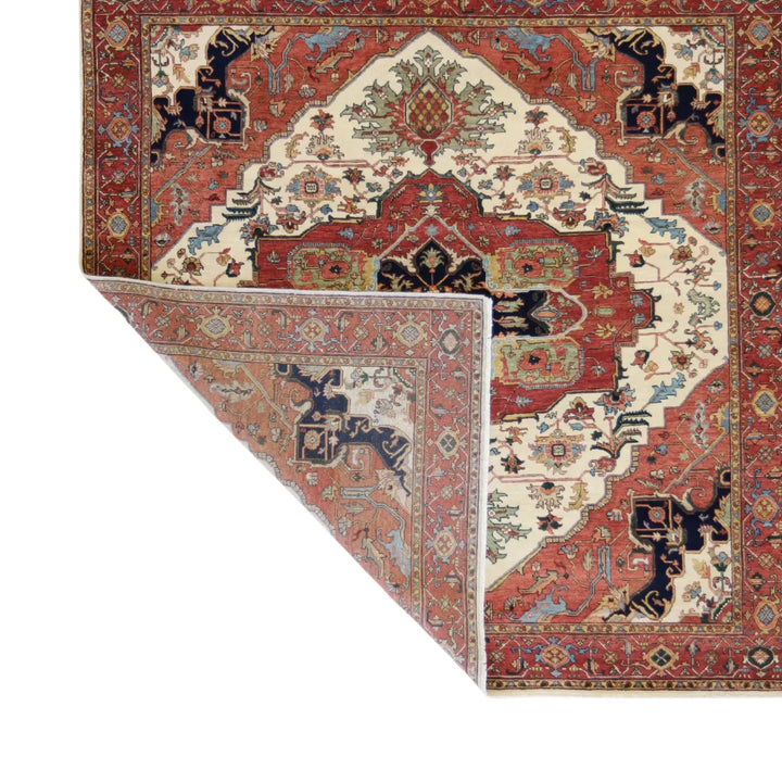 7' 9" x 7' 11" - IVORY AND RED SERAPI GEOMETRIC INDIAN RUG