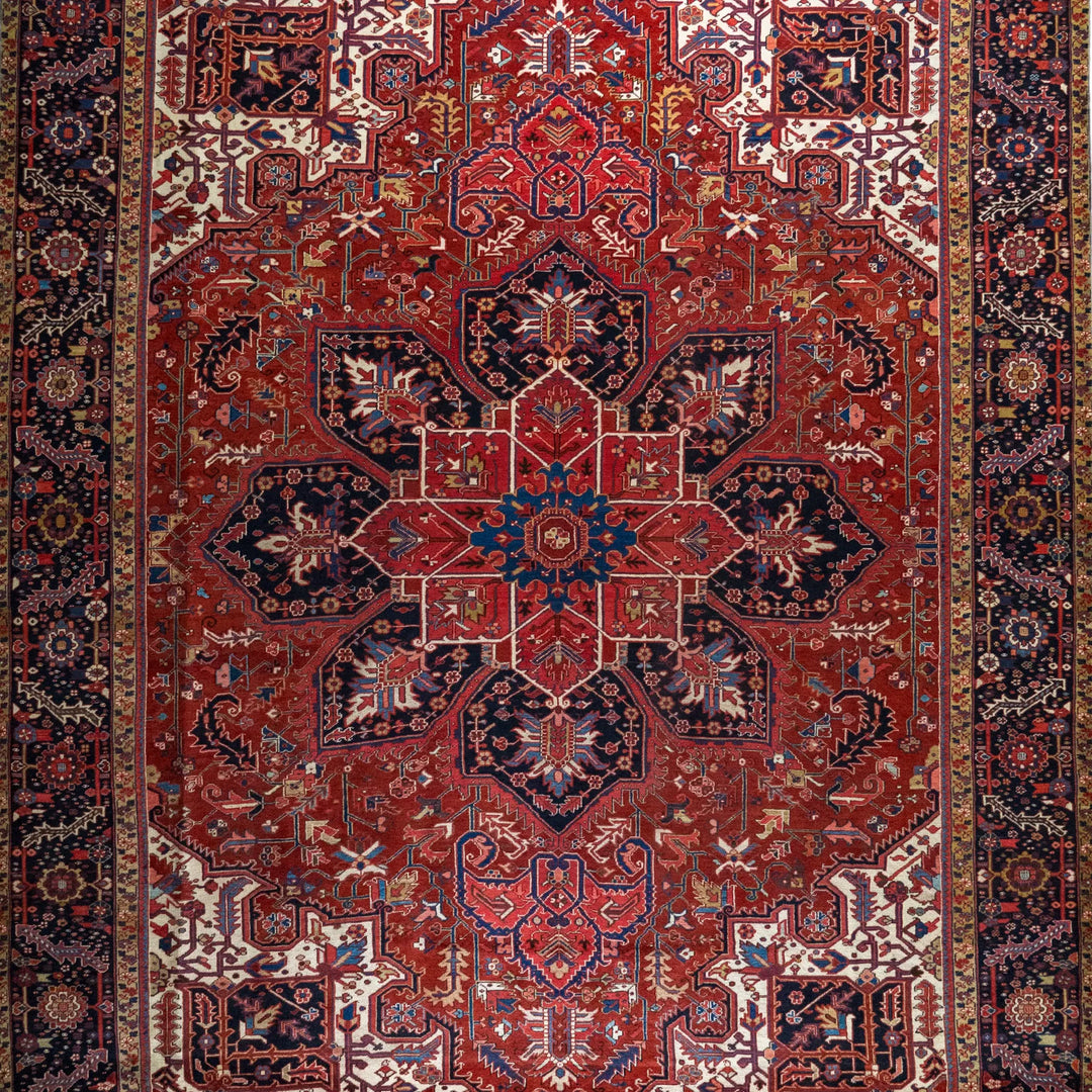 11' 4" x 14' 6" - RED AND NAVY HERIZ GEOMETRIC PERSIAN RUG ( 345 x 442 CM )