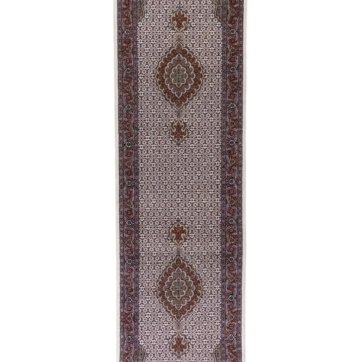 2' 8" x 9' 10" - BEIGE AND BROWN TABRIZ FISH DESIGN PERSIAN RUG ( 81 x 300 CM )