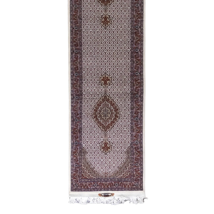 2' 8" x 9' 10" - BEIGE AND BROWN TABRIZ FISH DESIGN PERSIAN RUG ( 81 x 300 CM )