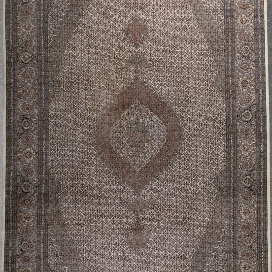 9' 8" x 16' 4" - BEIGE AND BROWN TABRIZ FISH DESIGN PERSIAN RUG ( 294 x 498 CM )