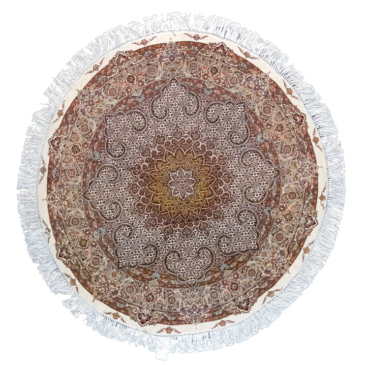 4' 11" x 4' 11" - BEIGE AND GREEN TABRIZ FISH DESIGN PERSIAN RUG ( 150 x 150 CM )