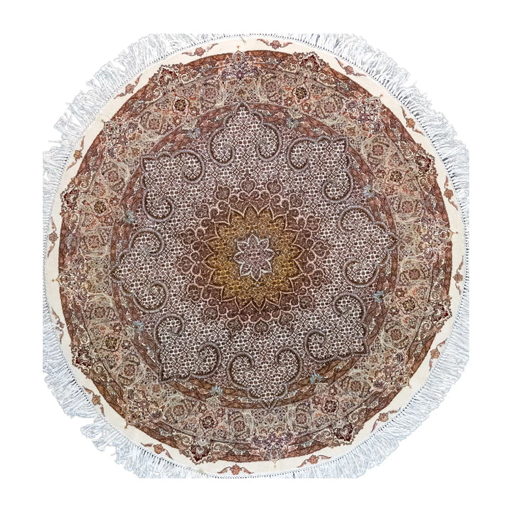 4' 11" x 4' 11" - BEIGE AND GREEN TABRIZ FISH DESIGN PERSIAN RUG ( 150 x 150 CM )