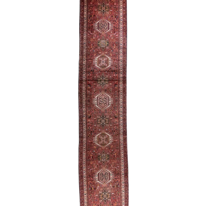 3' 5" x 15' 9" - RED AND NAVY KARAJEH GEOMETRIC PERSIAN RUG ( 104 x 480 CM )