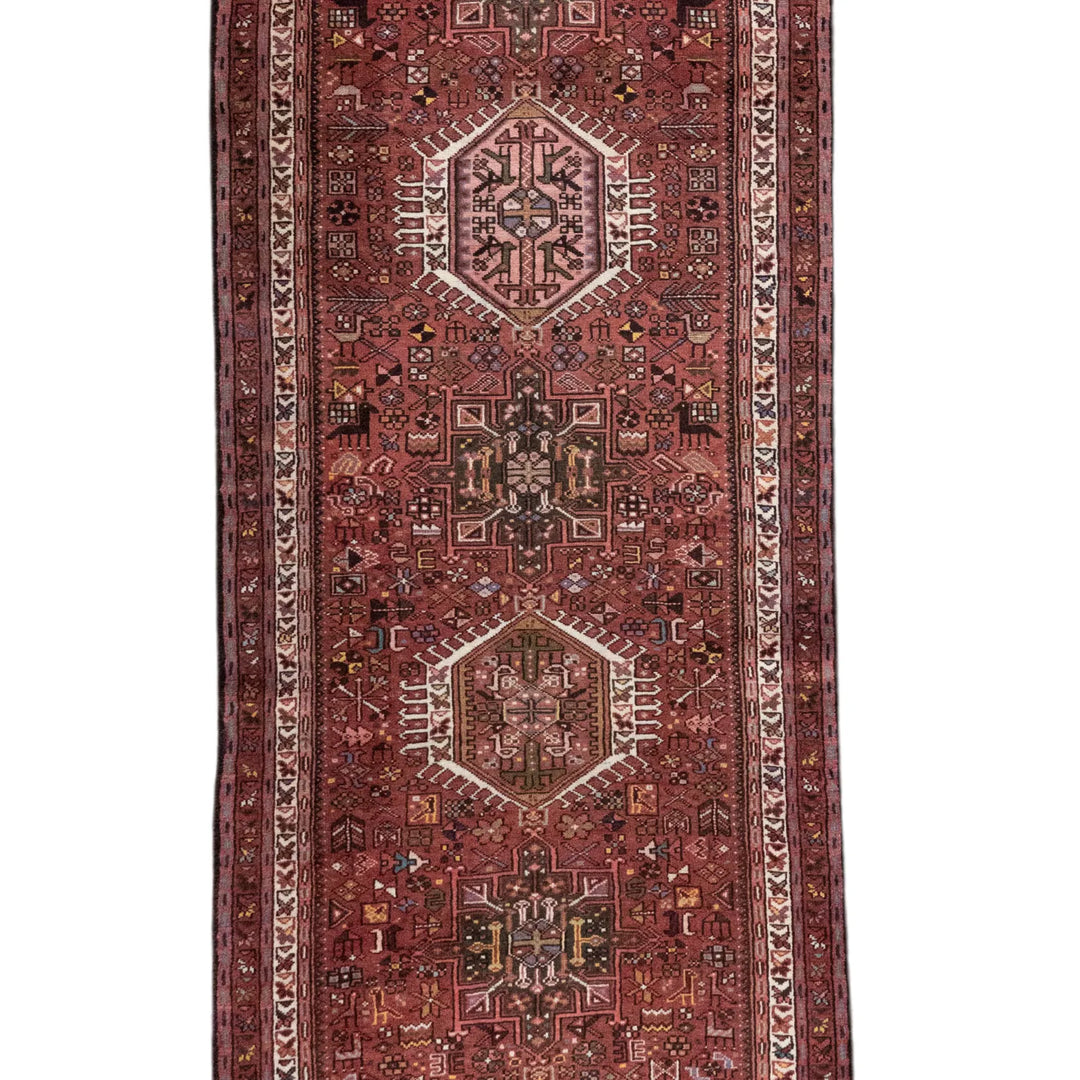 3' 5" x 15' 9" - RED AND NAVY KARAJEH GEOMETRIC PERSIAN RUG ( 104 x 480 CM )
