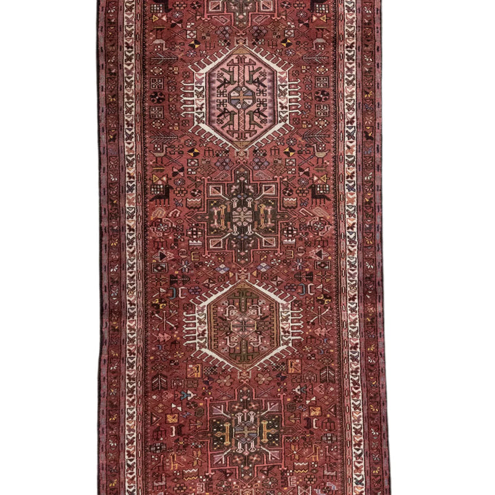 3' 5" x 15' 9" - RED AND NAVY KARAJEH GEOMETRIC PERSIAN RUG ( 104 x 480 CM )