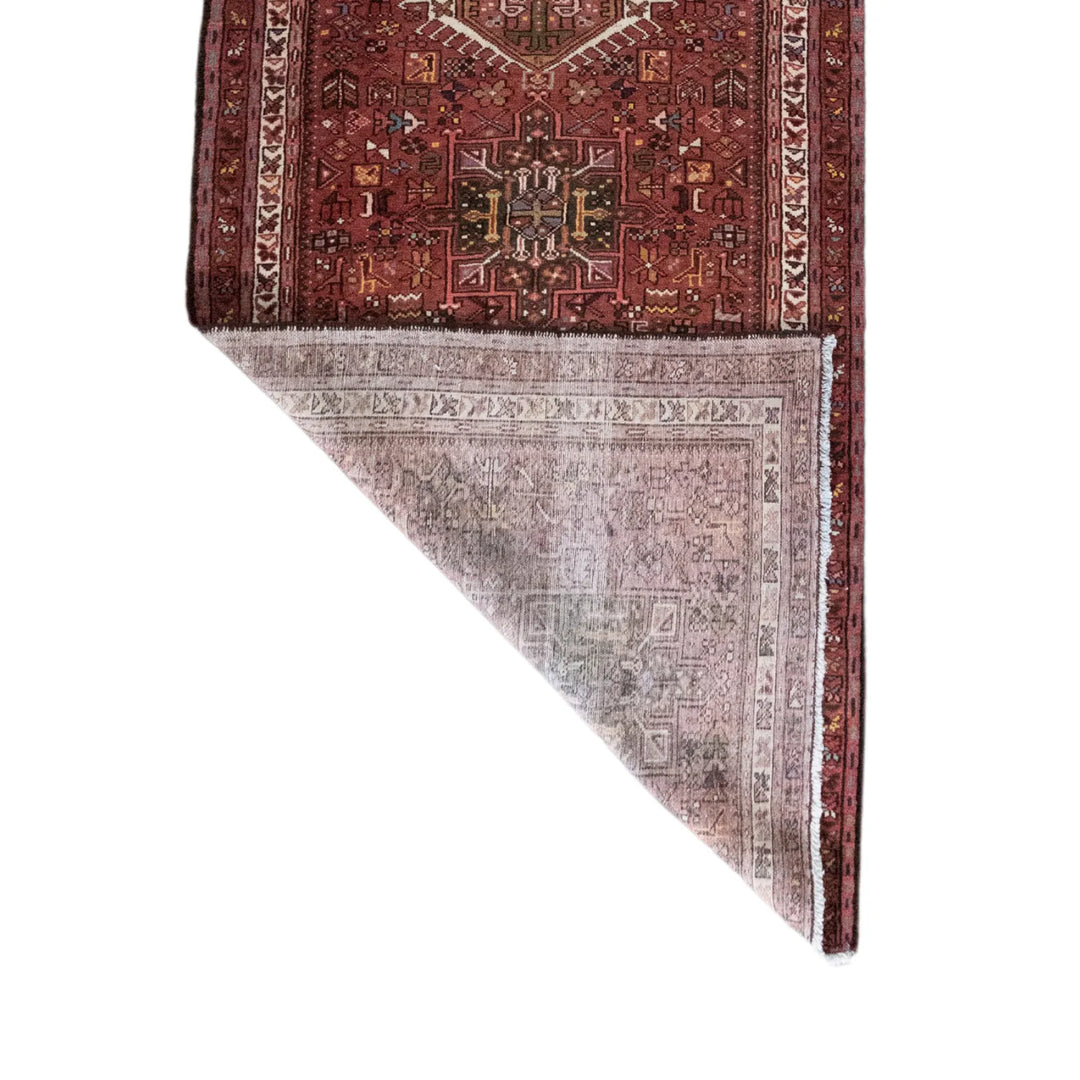 3' 5" x 15' 9" - RED AND NAVY KARAJEH GEOMETRIC PERSIAN RUG ( 104 x 480 CM )