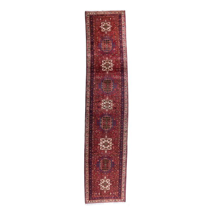 2' 11" x 13' 7" - RED AND NAVY KARAJEH GEOMETRIC PERSIAN RUG ( 89 x 414 CM )
