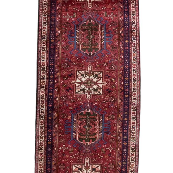 2' 11" x 13' 7" - RED AND NAVY KARAJEH GEOMETRIC PERSIAN RUG ( 89 x 414 CM )