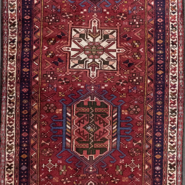 2' 11" x 13' 7" - RED AND NAVY KARAJEH GEOMETRIC PERSIAN RUG ( 89 x 414 CM )