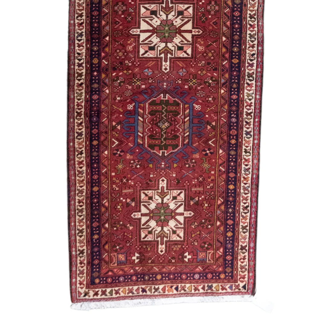 2' 11" x 13' 7" - RED AND NAVY KARAJEH GEOMETRIC PERSIAN RUG ( 89 x 414 CM )