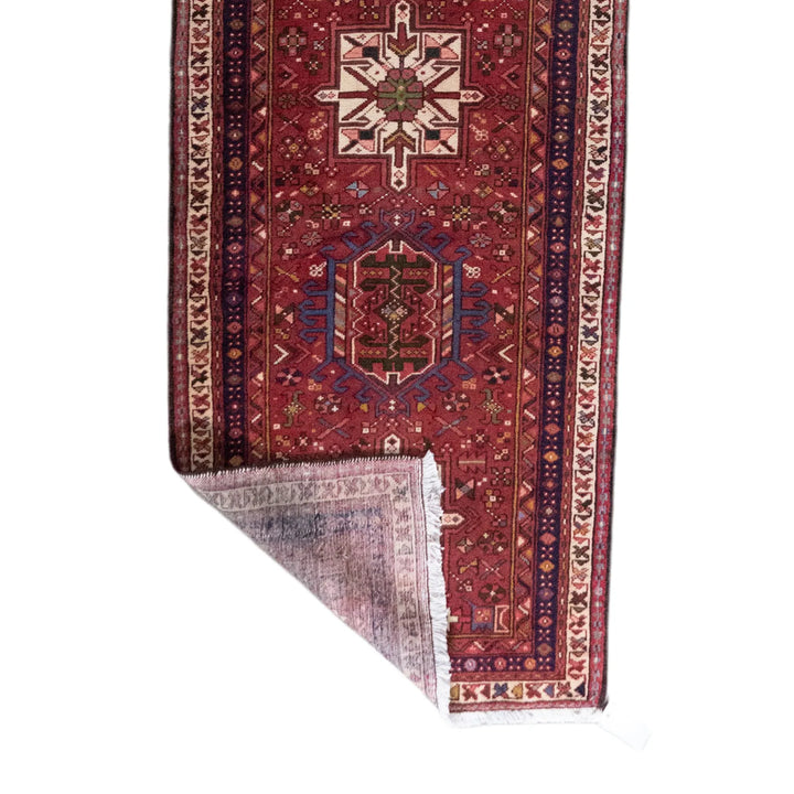 2' 11" x 13' 7" - RED AND NAVY KARAJEH GEOMETRIC PERSIAN RUG ( 89 x 414 CM )