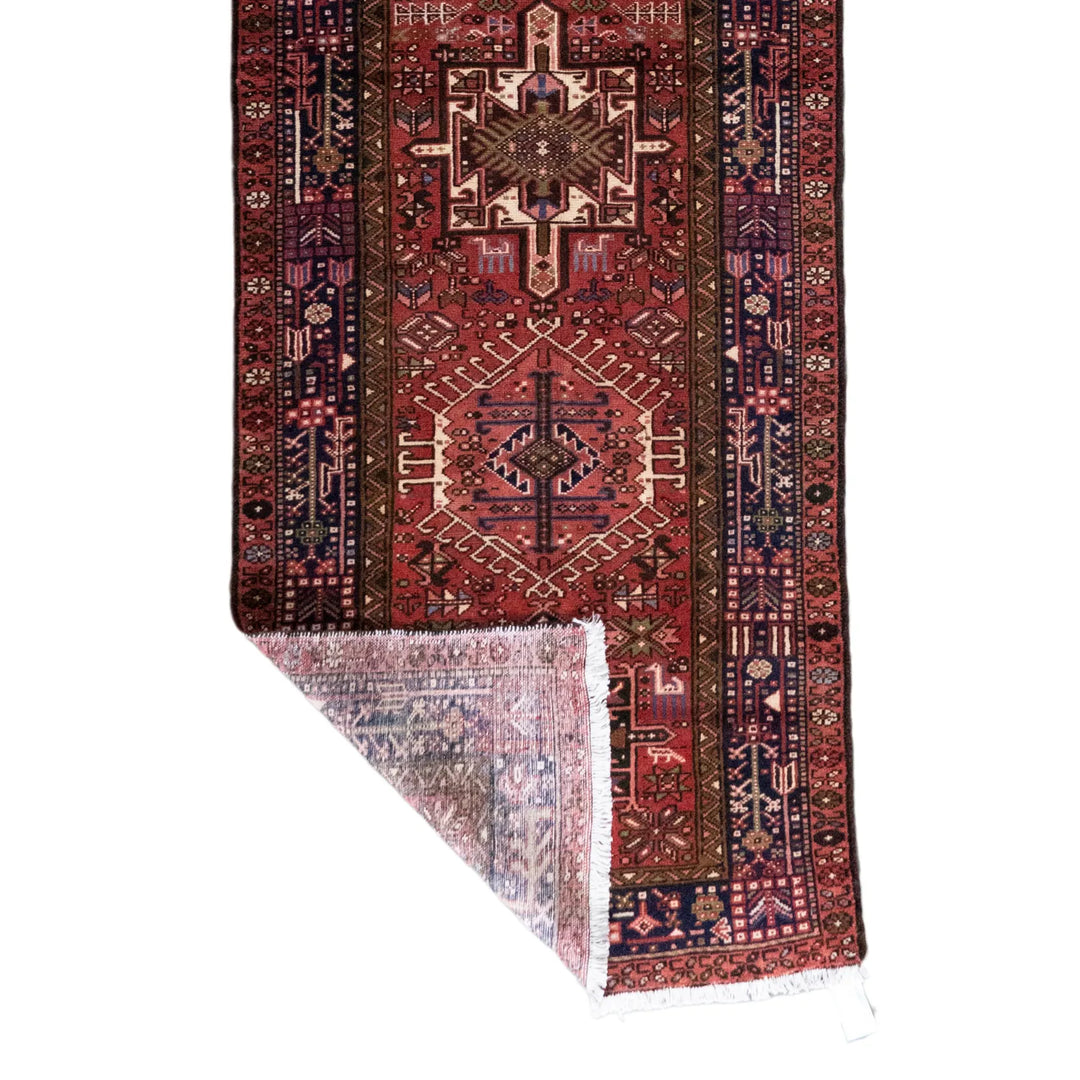 3' 3" x 12' 1" - RED AND RED KARAJEH GEOMETRIC PERSIAN RUG ( 99 x 368 CM )