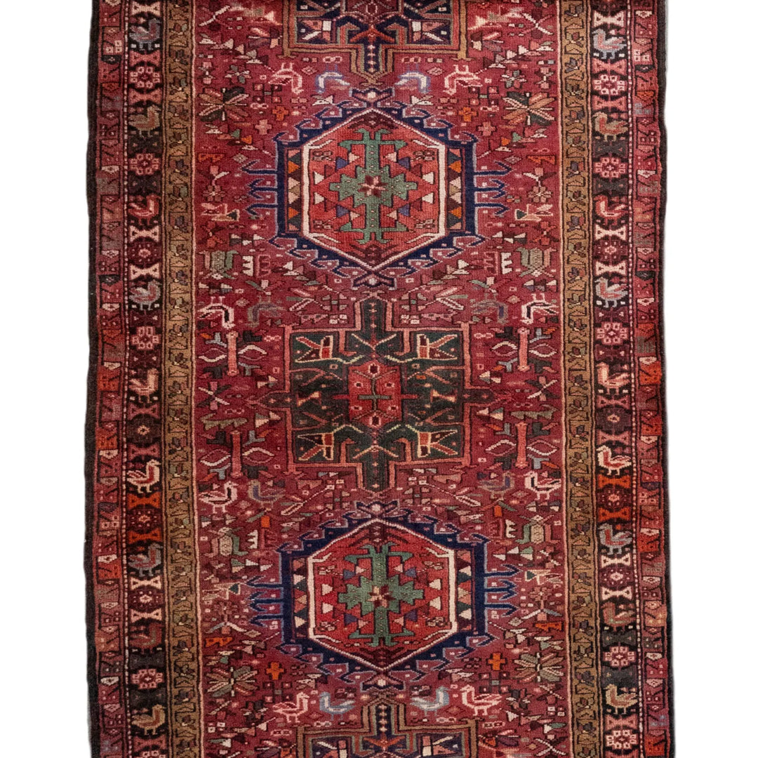 3' 9" x 12' 10" - RED AND NAVY KARAJEH GEOMETRIC PERSIAN RUG ( 114 x 391 CM )
