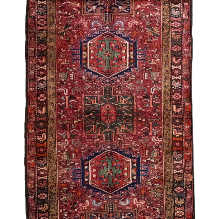 3' 9" x 12' 10" - RED AND NAVY KARAJEH GEOMETRIC PERSIAN RUG ( 114 x 391 CM )
