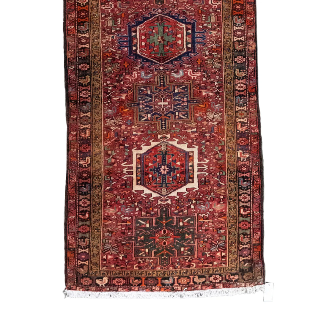 3' 9" x 12' 10" - RED AND NAVY KARAJEH GEOMETRIC PERSIAN RUG ( 114 x 391 CM )