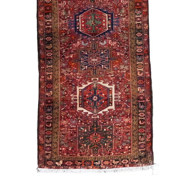 3' 9" x 12' 10" - RED AND NAVY KARAJEH GEOMETRIC PERSIAN RUG ( 114 x 391 CM )