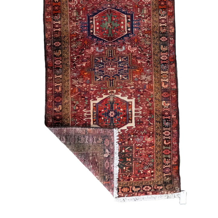 3' 9" x 12' 10" - RED AND NAVY KARAJEH GEOMETRIC PERSIAN RUG ( 114 x 391 CM )