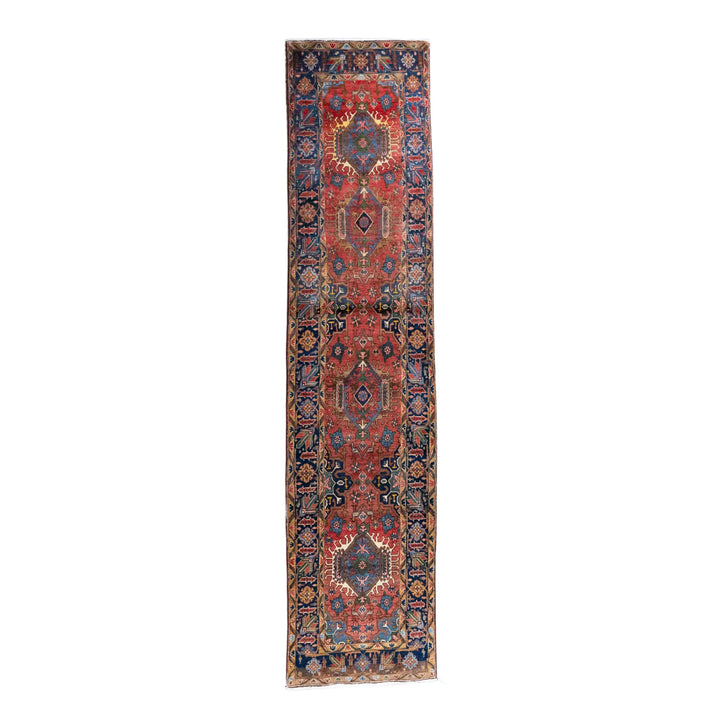 3' 3" x 14' 3" - RUST AND BLUE KARAJEH GEOMETRIC PERSIAN RUG ( 99 x 434 CM )