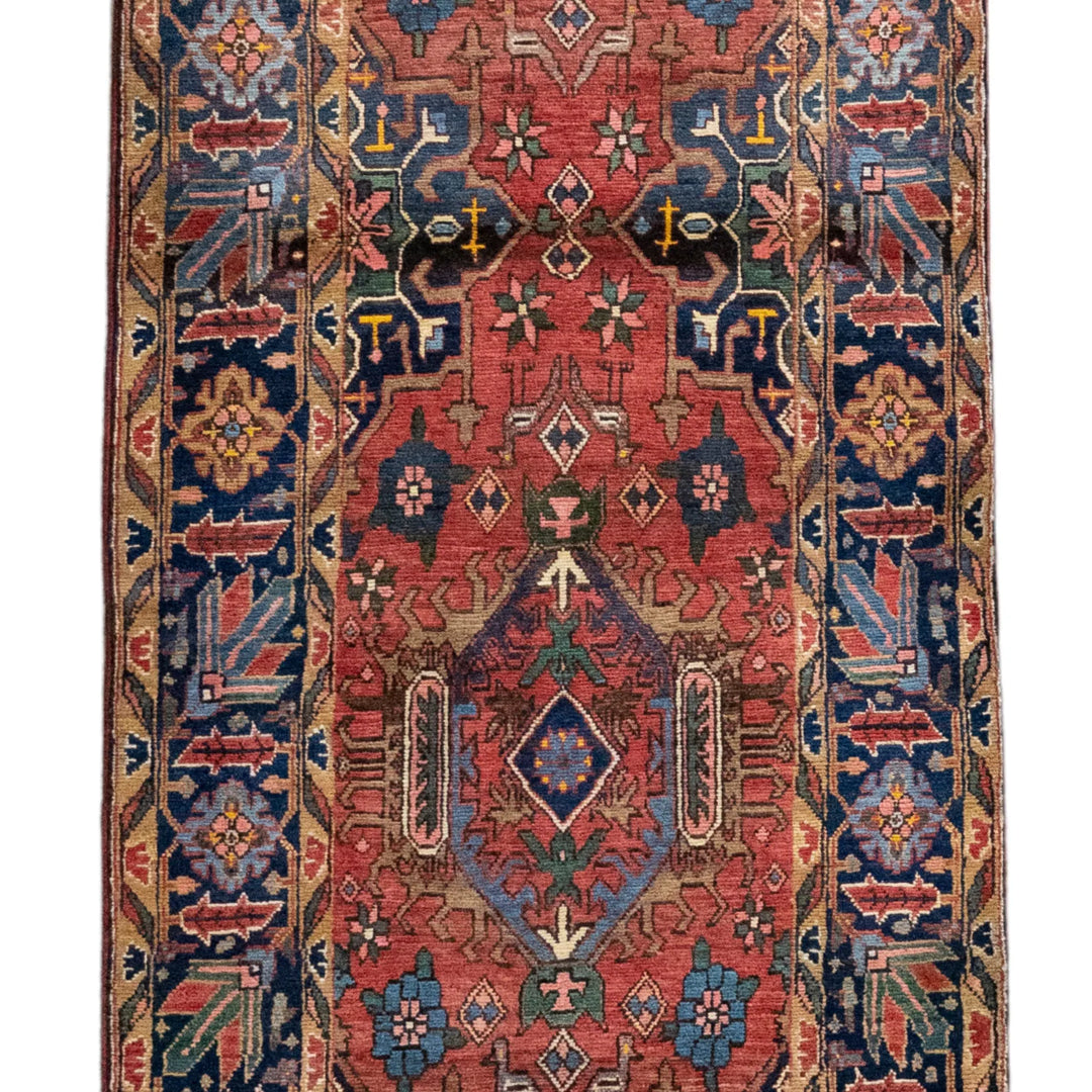 3' 3" x 14' 3" - RUST AND BLUE KARAJEH GEOMETRIC PERSIAN RUG ( 99 x 434 CM )