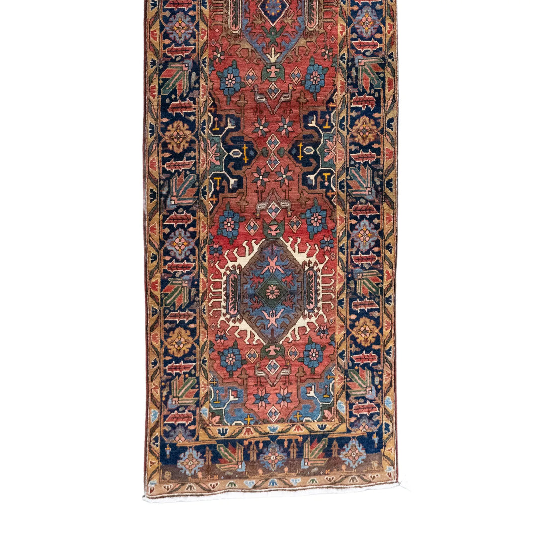 3' 3" x 14' 3" - RUST AND BLUE KARAJEH GEOMETRIC PERSIAN RUG ( 99 x 434 CM )