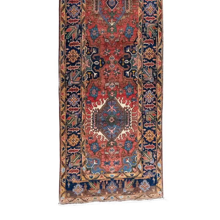 3' 3" x 14' 3" - RUST AND BLUE KARAJEH GEOMETRIC PERSIAN RUG ( 99 x 434 CM )
